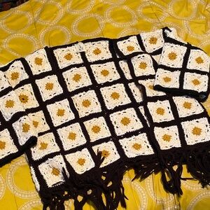 Handcrafted Crochet Poncho - Black, White, and Gold